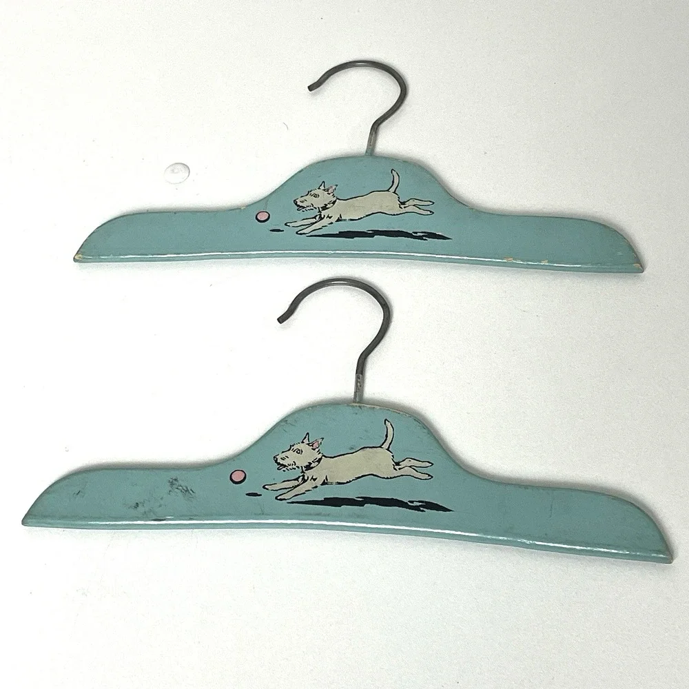 4 Vintage Wooden Child's Hangers Blue Scottie Dog & Pink Cat 1930s